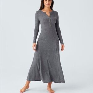 Round Neck Button Long Sleeve Flare Maxi Casual Dress